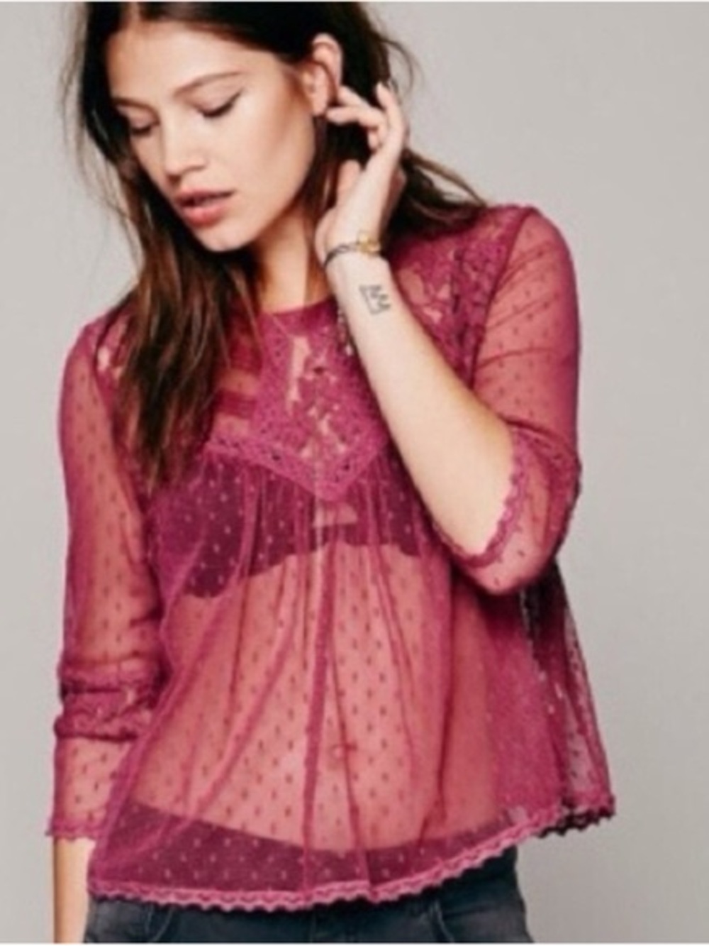 Free People Burgundy Lace Peasant Blouse